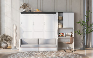English Elm Multi-functional Queen Murphy Bed with Sofa Desk and Cabinet White Wood Frame N7090000606K-1