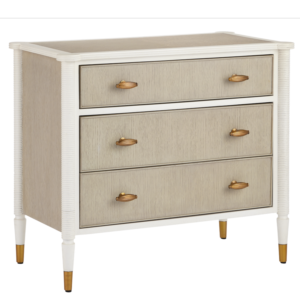 Aster Three-Drawer Chest in Off-White & Fog with Polished Brass Pulls | Elegant Winterthur Design