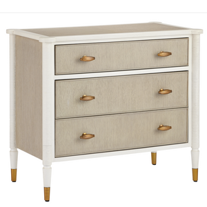 Aster Three-Drawer Chest in Off-White & Fog with Polished Brass Pulls | Elegant Winterthur Design