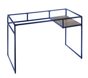 English Elm Yasin Modern Glass Top Writing Desk in Blue Finish with Metal Sled Base and Open Storage Shelf B2726P256257