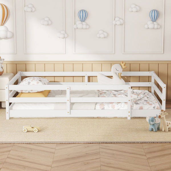 English Elm Twin Montessori Pine Floor Bed with Full Fence Rails for Kids Cozy Bedroom W1820P398987