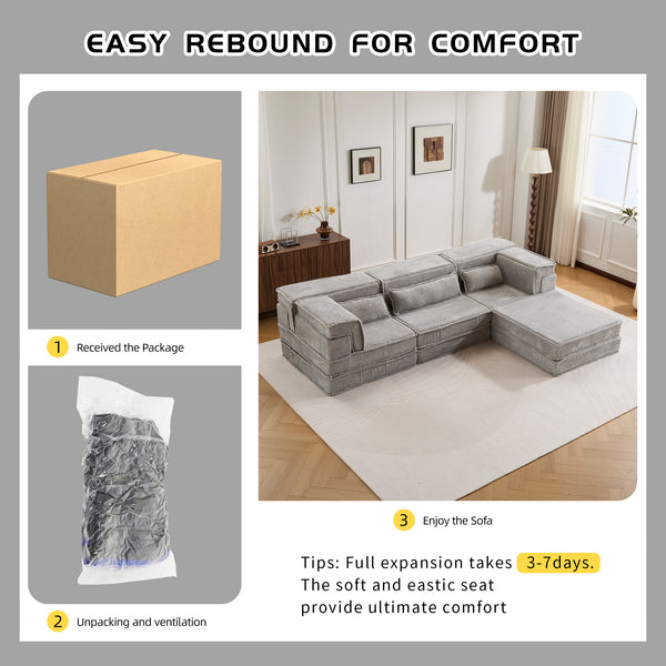 English Elm Compression Modular Sofa Bed, Versatile Light Grey Fleece Couch, No Assembly, 3-Seater & Ottoman W3723S00024