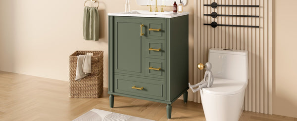 English Elm 24" Olive Bathroom Vanity Solid Wood Frame Ceramic Sink Gold Hardware Soft Close Olive Green N729P373272F