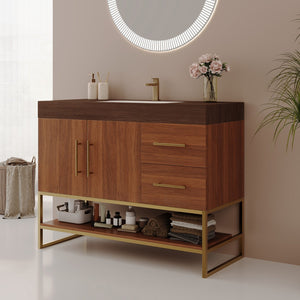 English Elm 36" Freestanding Bathroom Vanity Sintered Stone Top Integrated Basin Gold Hardware W3136S00058