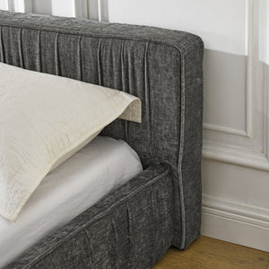 English Elm Queen Upholstered Bed Frame In Soft Grey Chenille With Pleated Design – No Box Spring Needed! W487S00337-GIGA