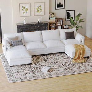 English Elm 141.5'' Large U-Shaped 6-Seater Sofa Couch With Movable Ottoman & Armrest Pockets For Modern Living W680S00041