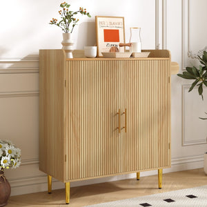 English Elm Modern Fluted Bar Cabinet with Wine Rack Glass Holders Adjustable Shelving and Hidden Drawer Natural N728P438606N