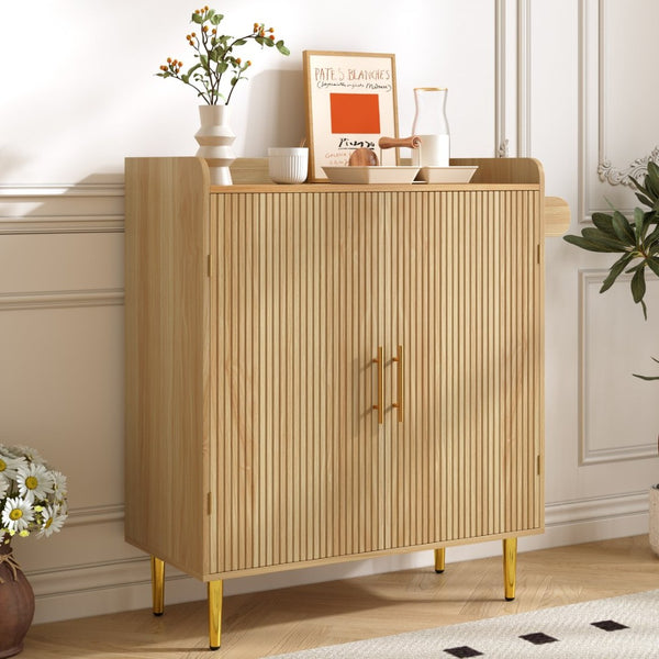 English Elm Modern Fluted Bar Cabinet with Wine Rack Glass Holders Adjustable Shelving and Hidden Drawer Natural N728P438606N