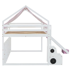 English Elm Full Size Kids House Loft Bed Pinewood Frame with Tent Slide and Play Storage White LT000683AAK