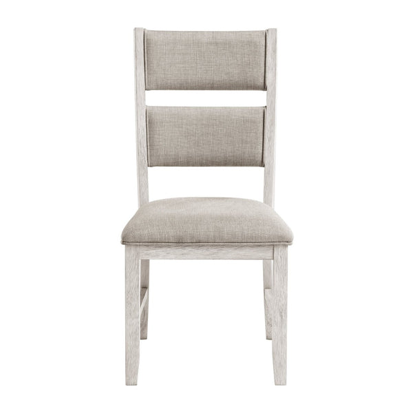 English Elm Modern Farmhouse Dining Set Acacia Veneer Table Six Upholstered Chairs Antique White B011S02063