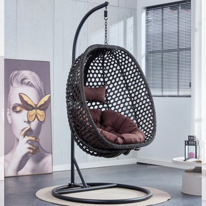 English Elm Egg Swing Chair Freestanding Woven Rattan Basket Seat with Cushion for Patio Bedroom W1512P494633