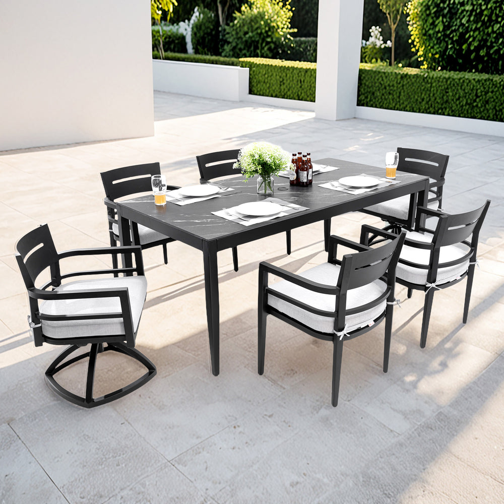 English Elm Modern 7Pc Outdoor Patio Dining Set With Black Marble-Look Table, 4 Chairs & 2 Swivel Rockers W1886S00015