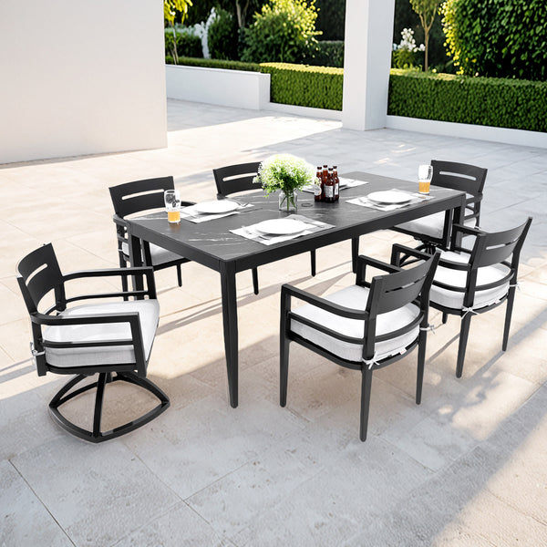 English Elm Modern 7Pc Outdoor Patio Dining Set With Black Marble-Look Table, 4 Chairs & 2 Swivel Rockers W1886S00015