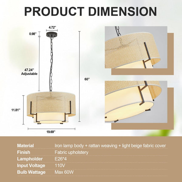 English Elm 19.7'' Handwoven Rattan Drum Chandelier 4-light Bohemian Pendant for Dining Room W1340P461531