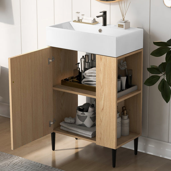 English Elm 21.6" Wood Bathroom Vanity with Ceramic Sink, Right Side Storage, Gold Legs, Soft-Close Doors, Modern SV000006AAD