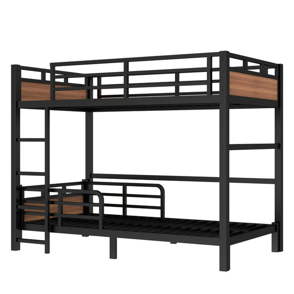 English Elm Twin Xl Metal Bunk Bed - Versatile Walnut Loft Bed With Guardrails For Safe, Space-Saving Living W1580S00225-GIGA