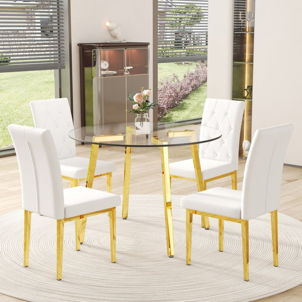 English Elm Table Modern 5-Piece Set: Round Clear Tempered Glass Table With Gold Legs & 4 White Pu Chairs W1151S03833-GIGA