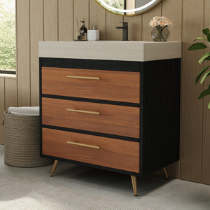 English Elm Modern Freestanding Bathroom Vanity with Vessel Sink Sintered Stone Gold Steel Legs W3136S00052