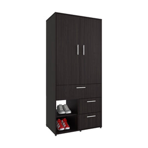 English Elm Armoire with Built-In Mirror and Ample Storage — 4 Doors, 2 Drawers, 4 Shelves, Eco-Friendly Finish Black 74.02 L x 24.8 W x 3.54 H B097S00215