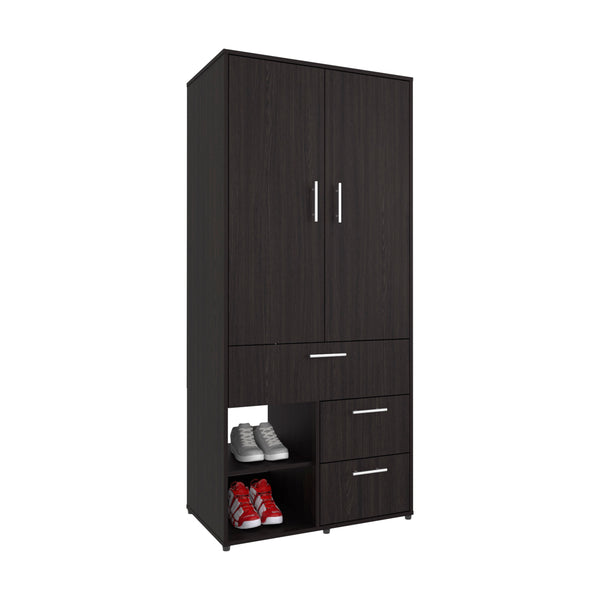 English Elm Armoire with Built-In Mirror and Ample Storage — 4 Doors, 2 Drawers, 4 Shelves, Eco-Friendly Finish Black 74.02 L x 24.8 W x 3.54 H B097S00215