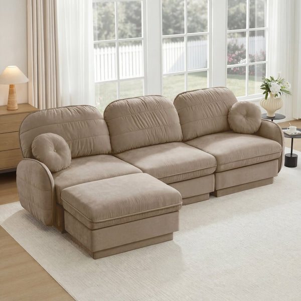 English Elm 105" Chenille Sectional Sofa with Movable Ottoman Deep Seat Quilted Cushions Living Room Light Coffee W714S01760