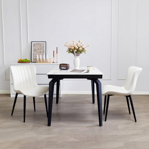 English Elm Set of 2 Dining Chairs with Thick Cushions and PU Leather Upholstery — Modern Sturdy Iron Frames for Home & Restaurant Seating Black,Cream White N842P300557K