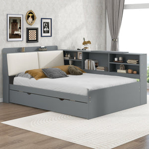 English Elm Wood Full Size platform bed with trundle, built-in storage headboard and shelves, sturdy pine frame Gray GX002055AAE