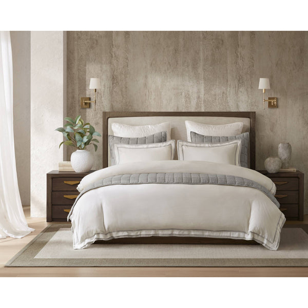 JLA Home Harbor House - Duvet Linen-blend Cover Set with Tailored Double-Flange Embroidery, Shell Buttons & Breathable Luxury White/Gray HHD12-1980