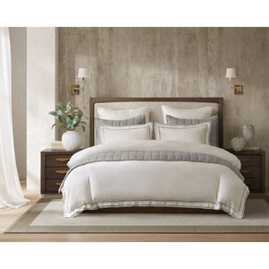 JLA Home Harbor House - Duvet linen blend cover with embroidered double flange, shell buttons & corner ties for coastal calm elegance White/Gray HHD12-1979