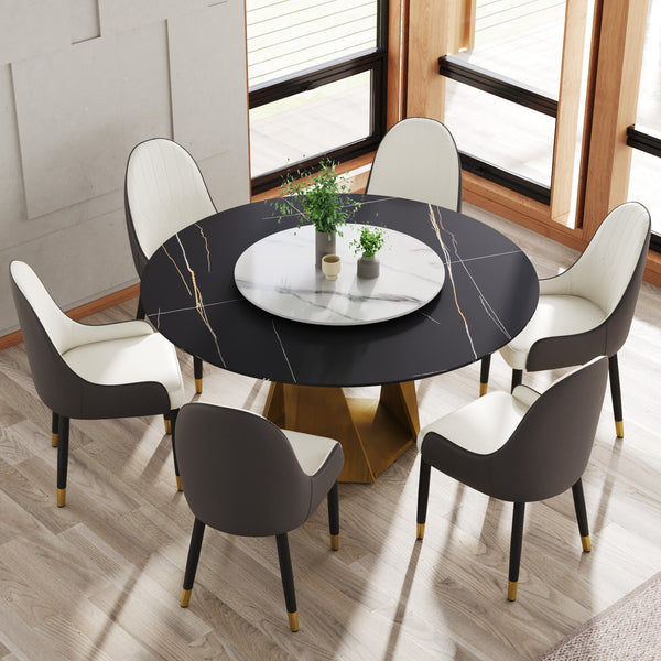 English Elm 59.05" Round Marble Dining Table With Elegant Bronze Base, Turntable For 6-8, Durable & Stylish Design W1535S00415