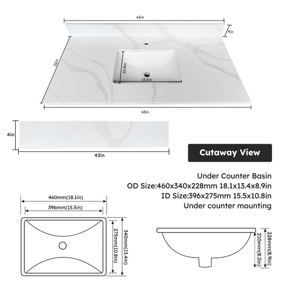 English Elm 43-inch Carrara Quartz Vanity Top Undermount Sink Backsplash Stain Resistant Bath W2699P459407