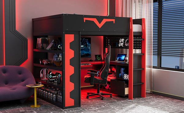 English Elm Full Size Gaming Loft Bed with Desk Rgb Lighting Power Outlet and Storage Drawer Red LT000285AAJ