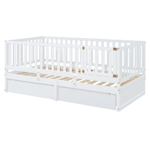 English Elm Twin Pinewood Daybed with Fence Guardrails Splits Into Two Floor Beds Storage White LP100881AAK