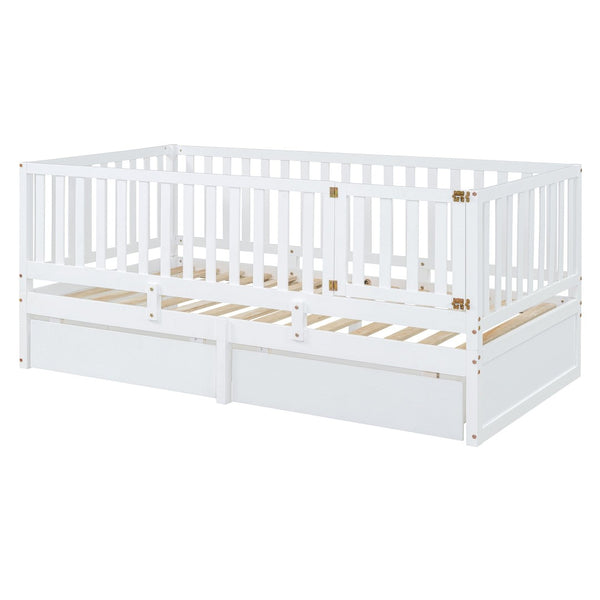 English Elm Twin Pinewood Daybed with Fence Guardrails Two Storage Drawers and Split Floor Bed White LP200881AAK