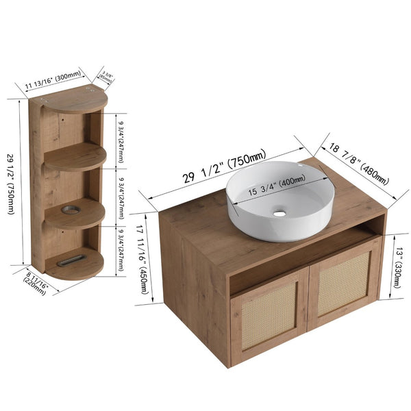 English Elm 30" Floating Bathroom Vanity Oak Finish Ceramic Vessel Sink Soft Close Plywood Cabinet W999S00501