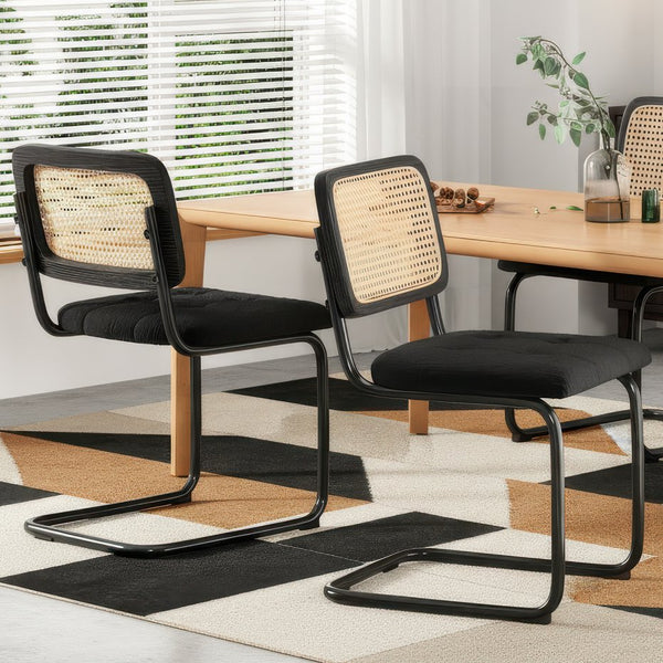 English Elm Kitchen Mid-Century Dining Chairs Set of 2 with Rattan Backrest, Cantilever Aluminum Legs, 300lb Capacity Black T3623P408460