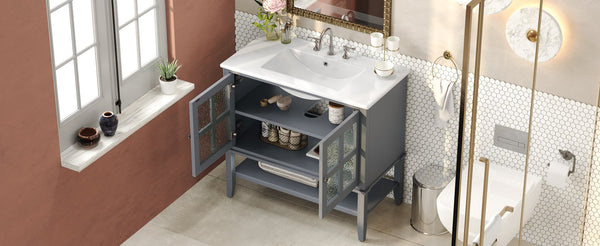 English Elm Christopher Knight Home® - 36" Bathroom Vanity with Ceramic Sink, Solid Wood Legs, Waterproof Finish, Soft-Close Hinges, Open Shelf, Silver Knobs Gray N817P286249G