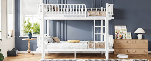 English Elm Queen Over Metal Bunk Bed Convertible Platform Frame with Safety Guardrails Light White W5305S00064