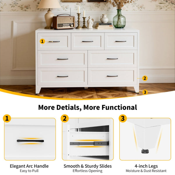 English Elm 7-drawer Steel Dresser Wide Low Profile White Cabinet for Bedroom or Entryway T2398P498867
