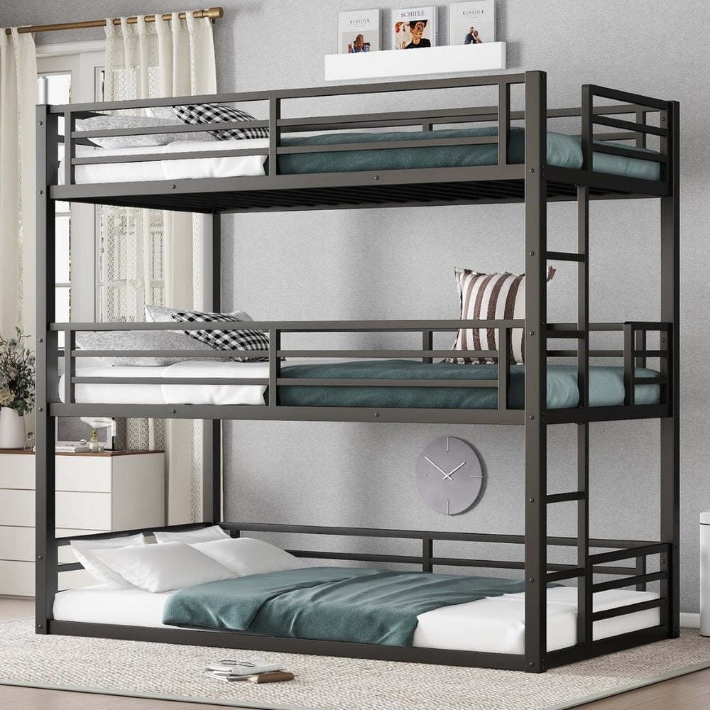 English Elm Twin Metal Triple Bunk Bed With Safety Guardrails - Heavy-Duty, Noise-Reduced Design In Black Finish P1 W1580S00142-GIGA