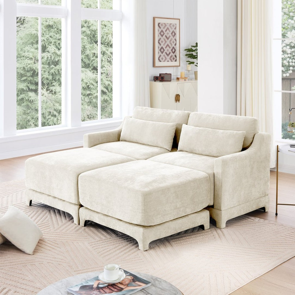 English Elm Two-Seater Sofa In Chic Beige Chenille With Ottomans & Lumbar Pillows For Ultimate Comfort & Style W714S01195-GIGA