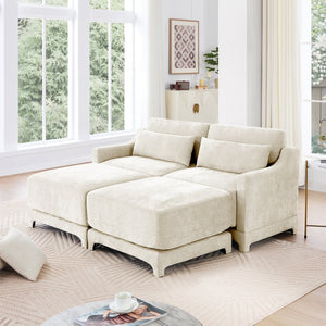 English Elm Two-Seater Sofa In Chic Beige Chenille With Ottomans & Lumbar Pillows For Ultimate Comfort & Style W714S01195-GIGA