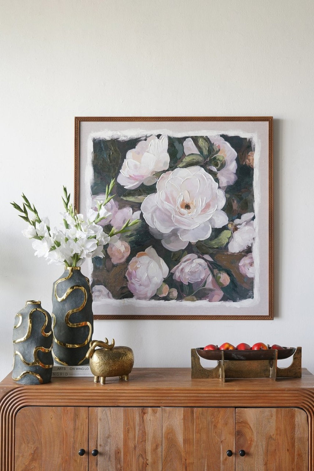 English Elm 39.4x39.4" Hand-painted Floral Canvas White Rose Art in Distressed Pine Frame W2078P481780