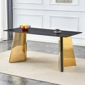 English Elm 63"x31.5x30" Marble Slab Rectangular Dining Table with Sculptural Butterfly Stainless Legs Black,Gold W1151S04617