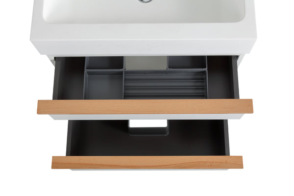 English Elm VELA 24 Inch Wall Mounted Bathroom Vanity with Integrated Acrylic Sink, Dual Wood Handles, Soft-Close drawers and Organizer White W3235P327448