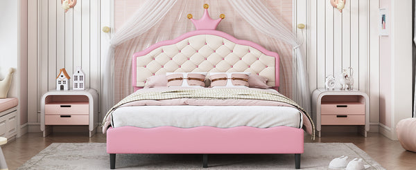 English Elm Full Full Size Lovely Crown Fantasy PU Leather Princess Bed with Tufted Headboard, Pink Cream, Sturdy Frame N733P198762H