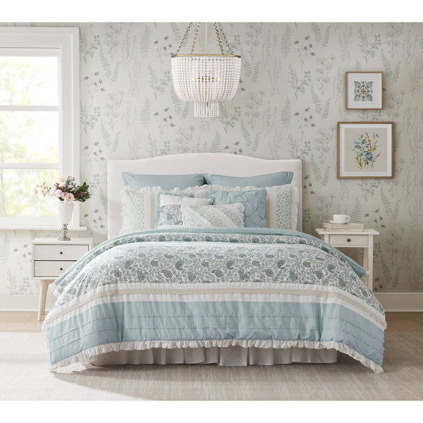 JLA Home Madison Park - 9 Piece Cotton Percale Comforter Set Madison Park Dawn – Paisley, Lace Tape & Pintuck Accents, OEKO-TEX Certified Cozy Cottage Ensemble MP10-388