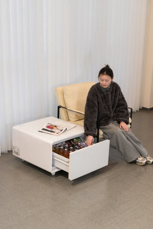 English Elm Modern Coffee Table with Built in Mini Fridge Power Outlets and Beverage Storage White W1172P483597