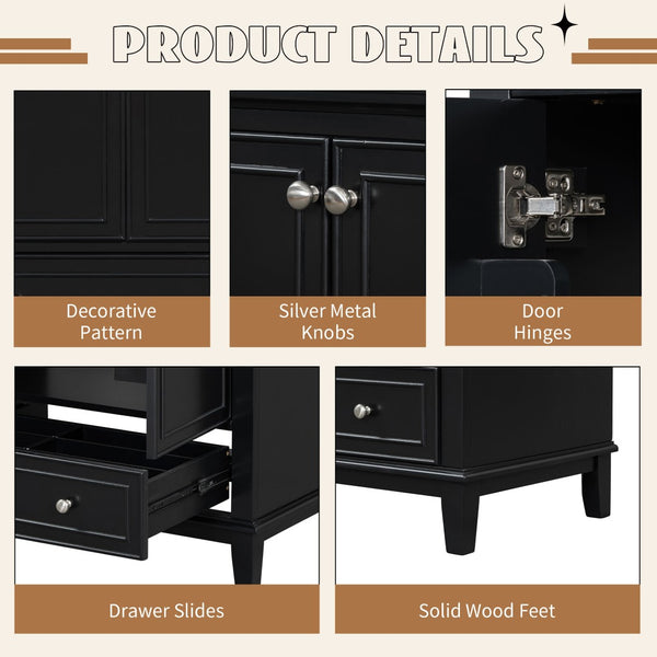 English Elm 30" Matte Black Bathroom Vanity Base Solid Wood Frame Mdf Storage Cabinet Modern N725P186143B