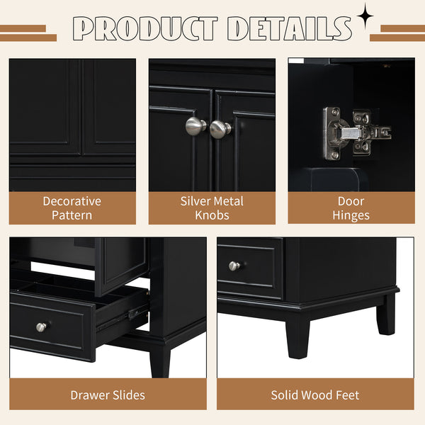 English Elm 30" Bathroom Vanity with Sink — Modern Freestanding 30" Cabinet with Ceramic Top, Drawer, Doors, Shelf Black N725P221263B